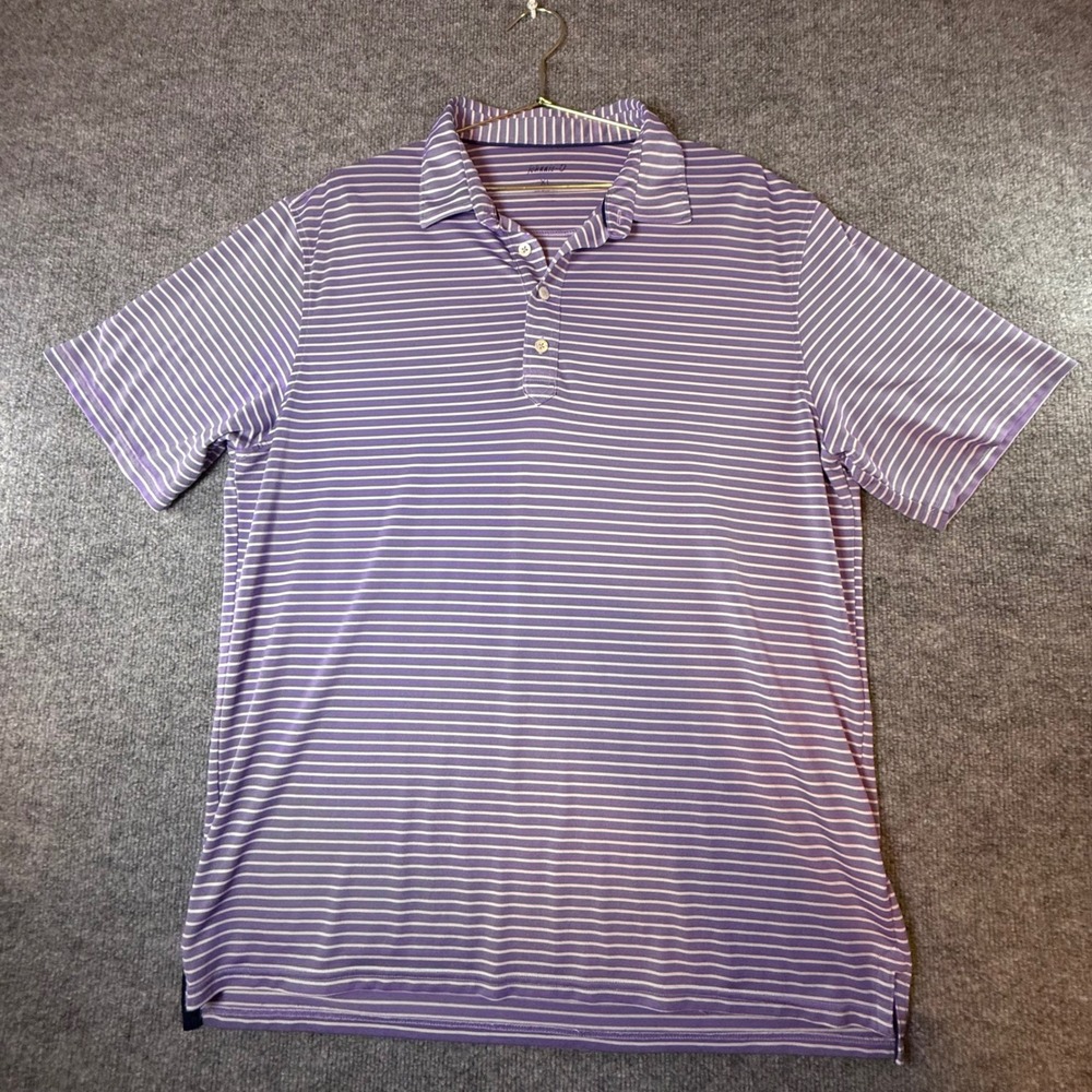 Johnnie-O Mens XL Purple White Striped Performance Polo Shirt Short Sleeve Snags